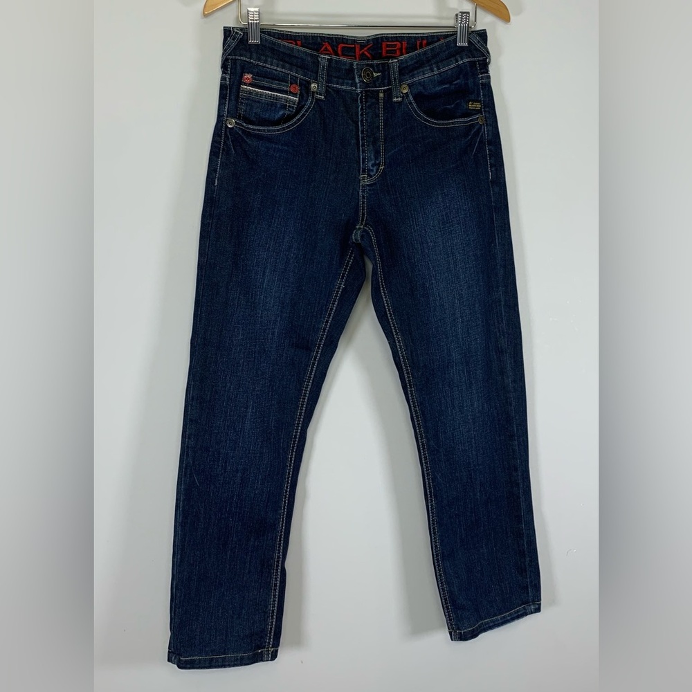 Men's Black Bull Slim Straight Stretch Jeans in Dark Wash Indigo - Size 31‎